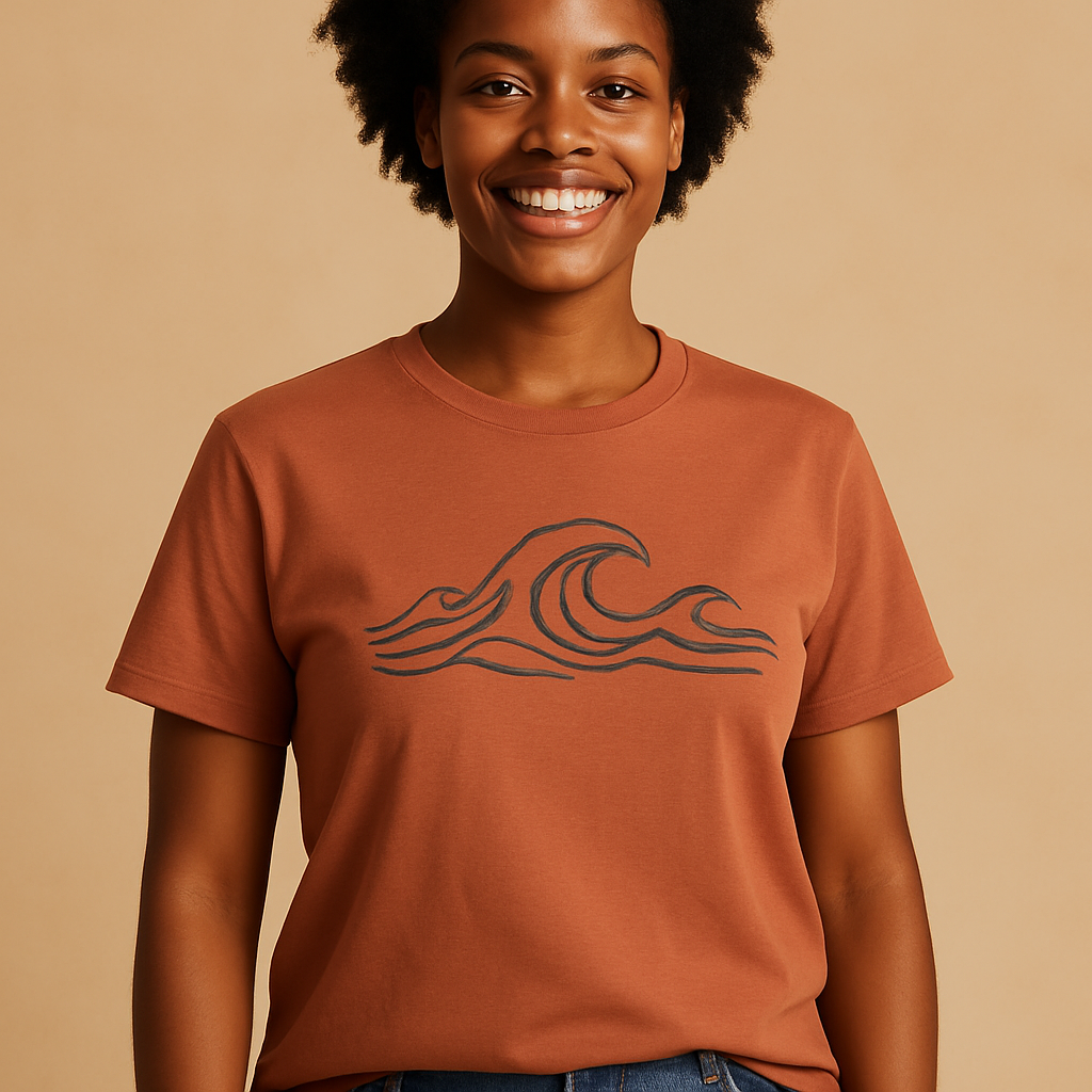 Woman wearing the Coastal Muse Tee in terracotta with teal abstract wave-line graphic, full head and body visible