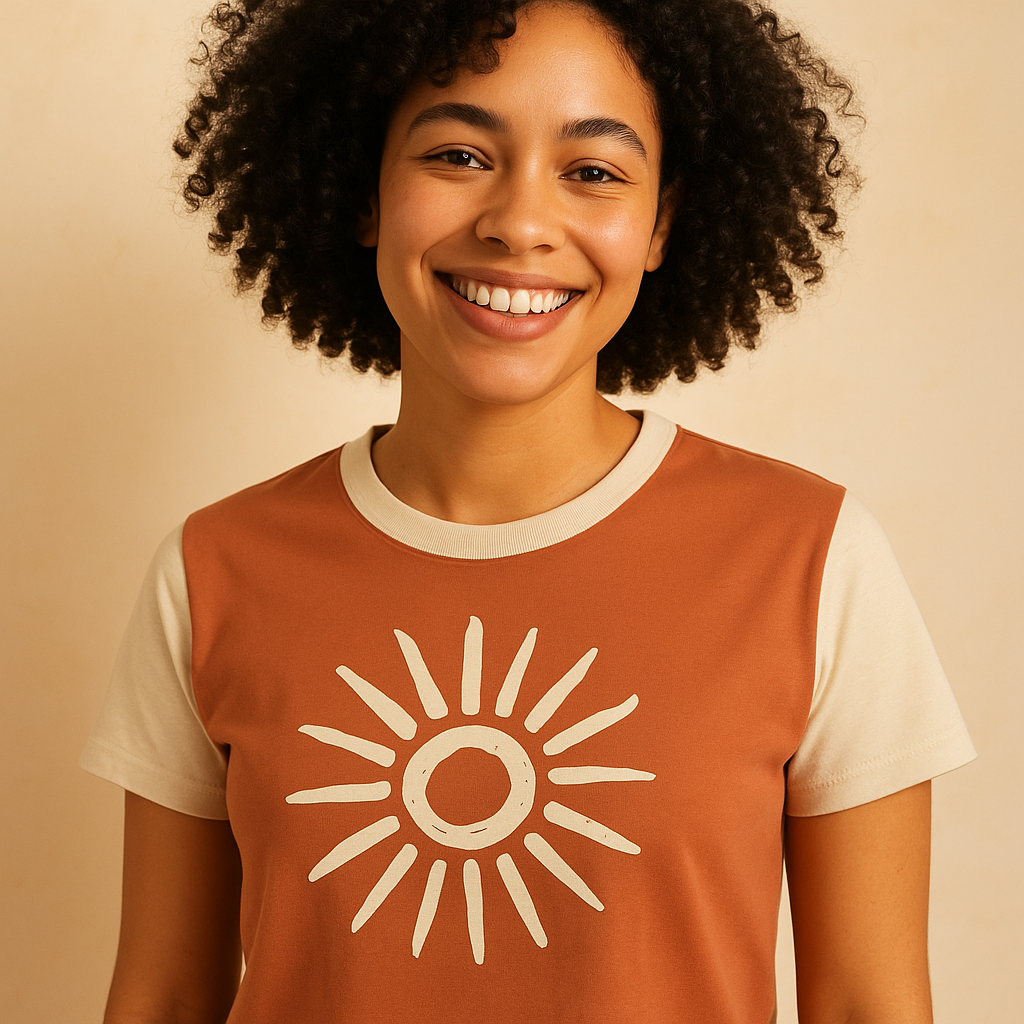 Model wearing the Daily Muse Tee in terracotta cream with original sunburst graphic