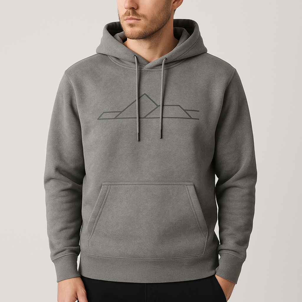 Quarry Line hoodie in stone gray with minimalist line graphic
