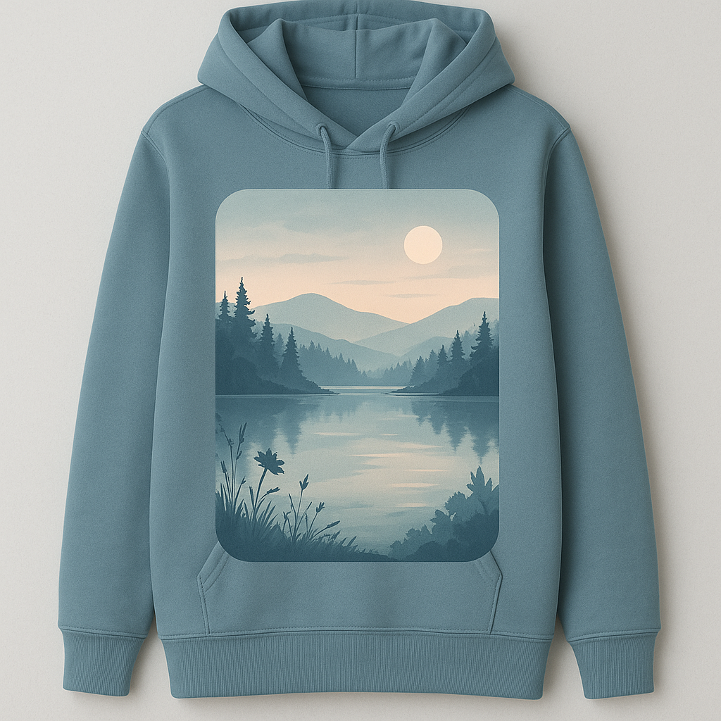 Serene Vista Hoodie in misty blue with serene landscape artwork