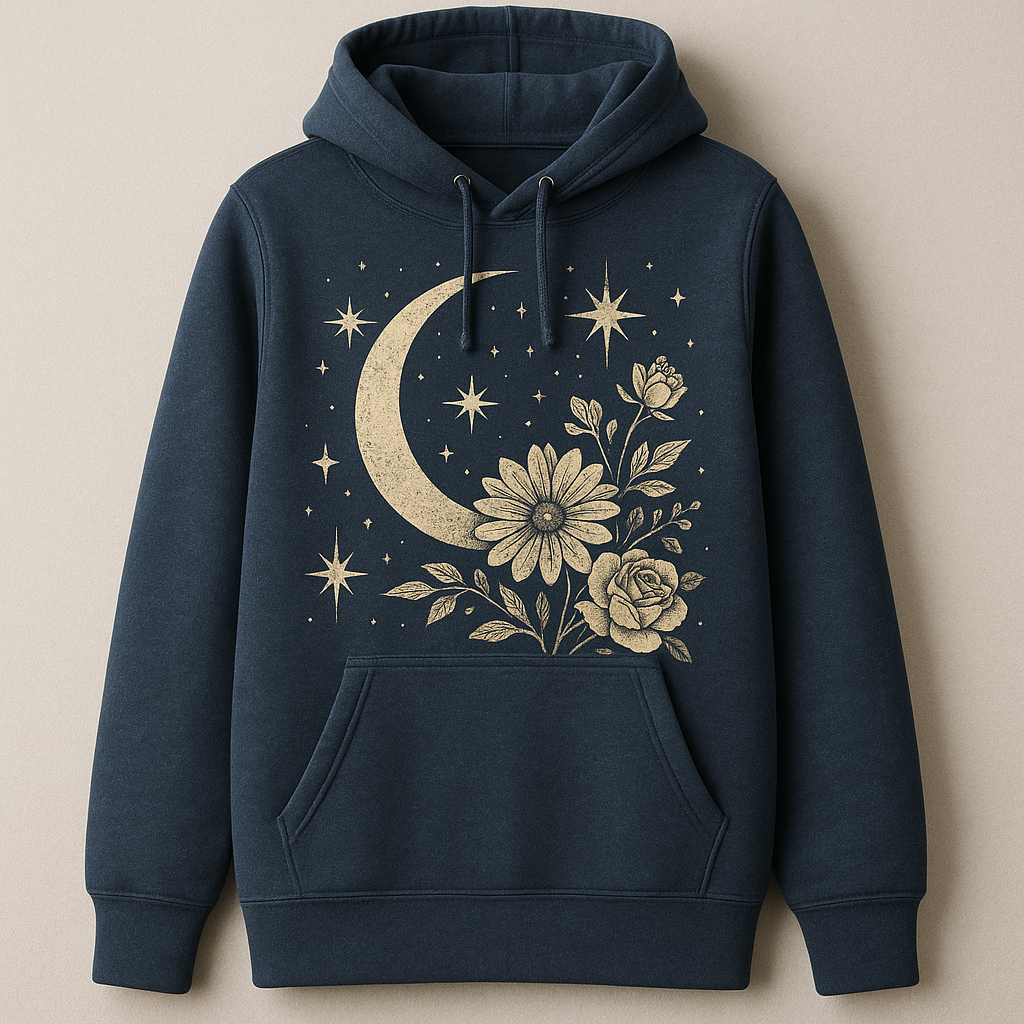 Celestial Bloom Hoodie art with celestial flowers on astral night hoodie