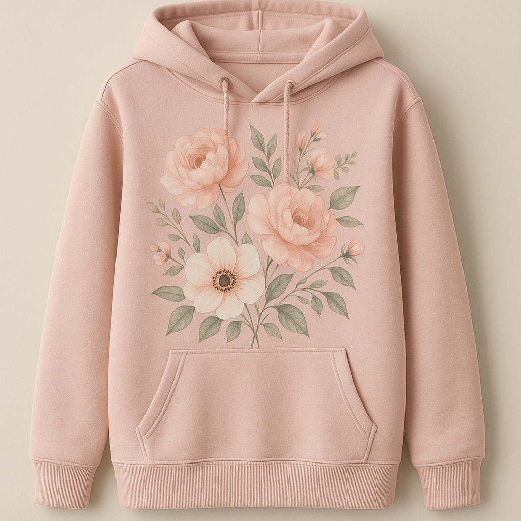 Bloom Whisper Hoodie, floral design on blush pink hoodie