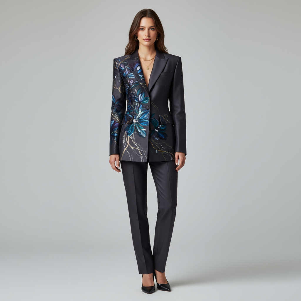 Nocturne Garden Blazer modelled by Cindy — front view