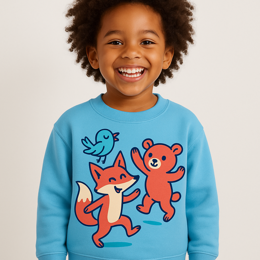 Playful Pals Sweatshirt featuring original animal-friend illustration in coral and sky blue