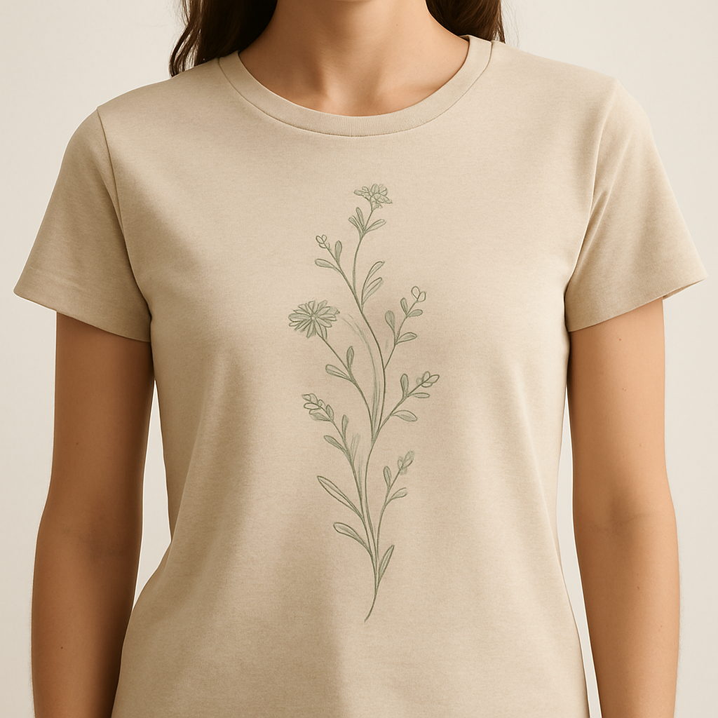 Wildflower Muse Tee — original wildflower linework illustration on a sand heather women's tee