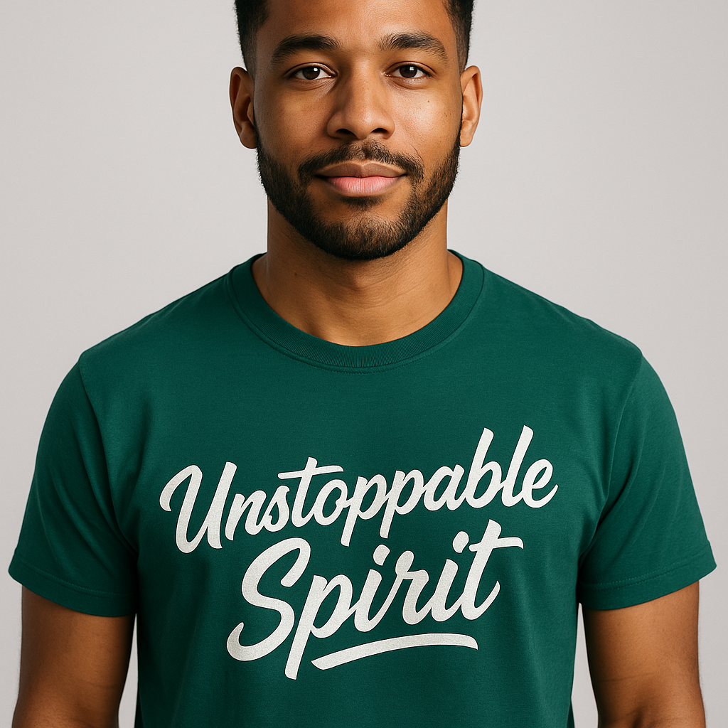 Diverse model wearing the Unstoppable Spirit Quote Tee in deep emerald