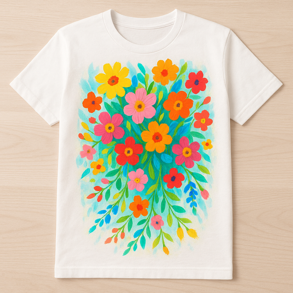 Blooming Cascade Tee with vibrant cascading blooming flowers artwork