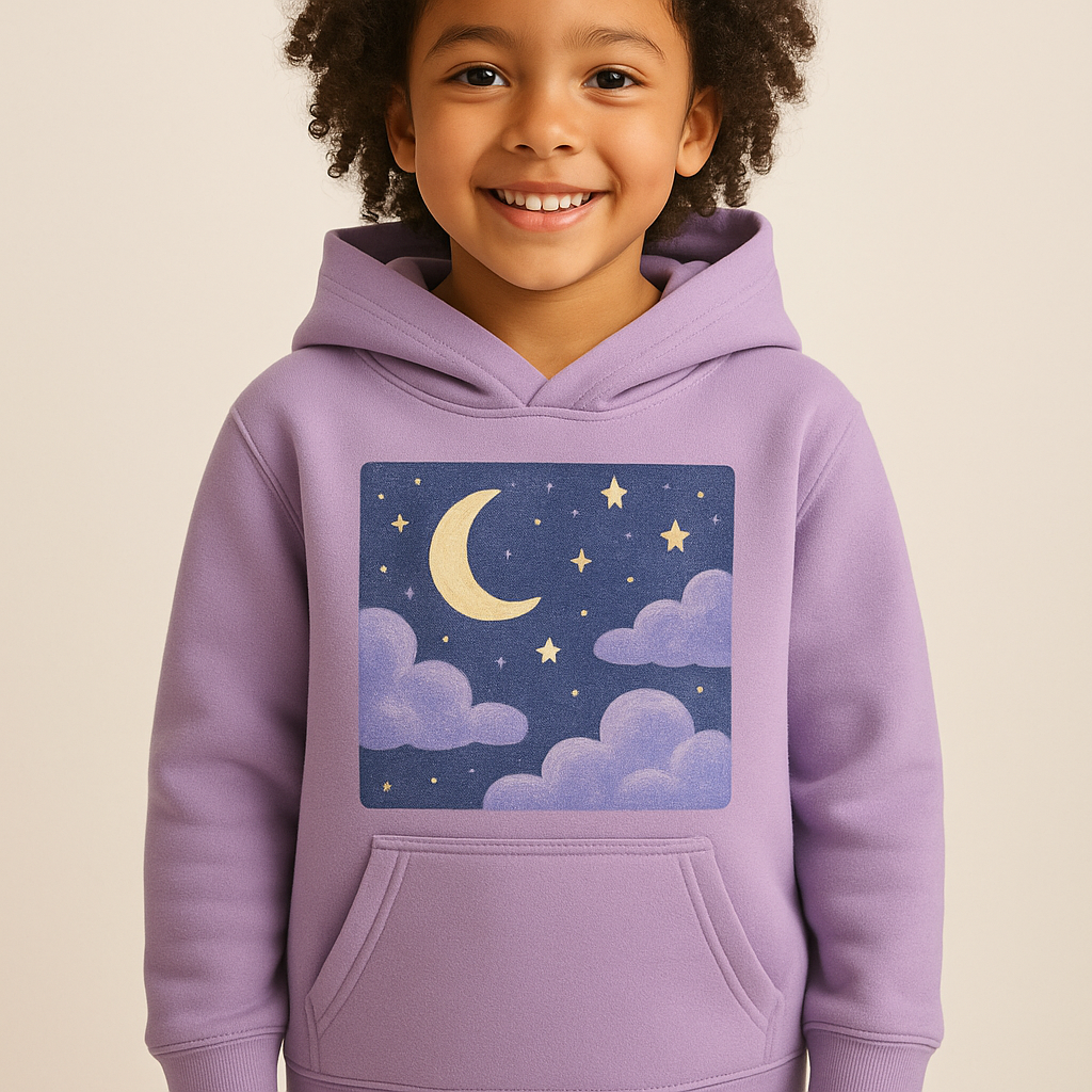 Little Dreamers Hoodie featuring an original starry night illustration in lavender and midnight blue