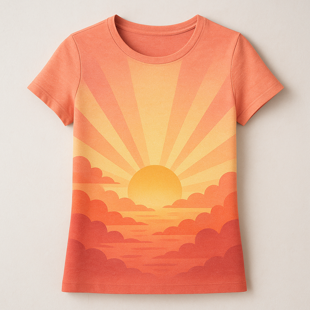 Radiant Dawn Tee in sunrise colors with dawn-inspired artwork