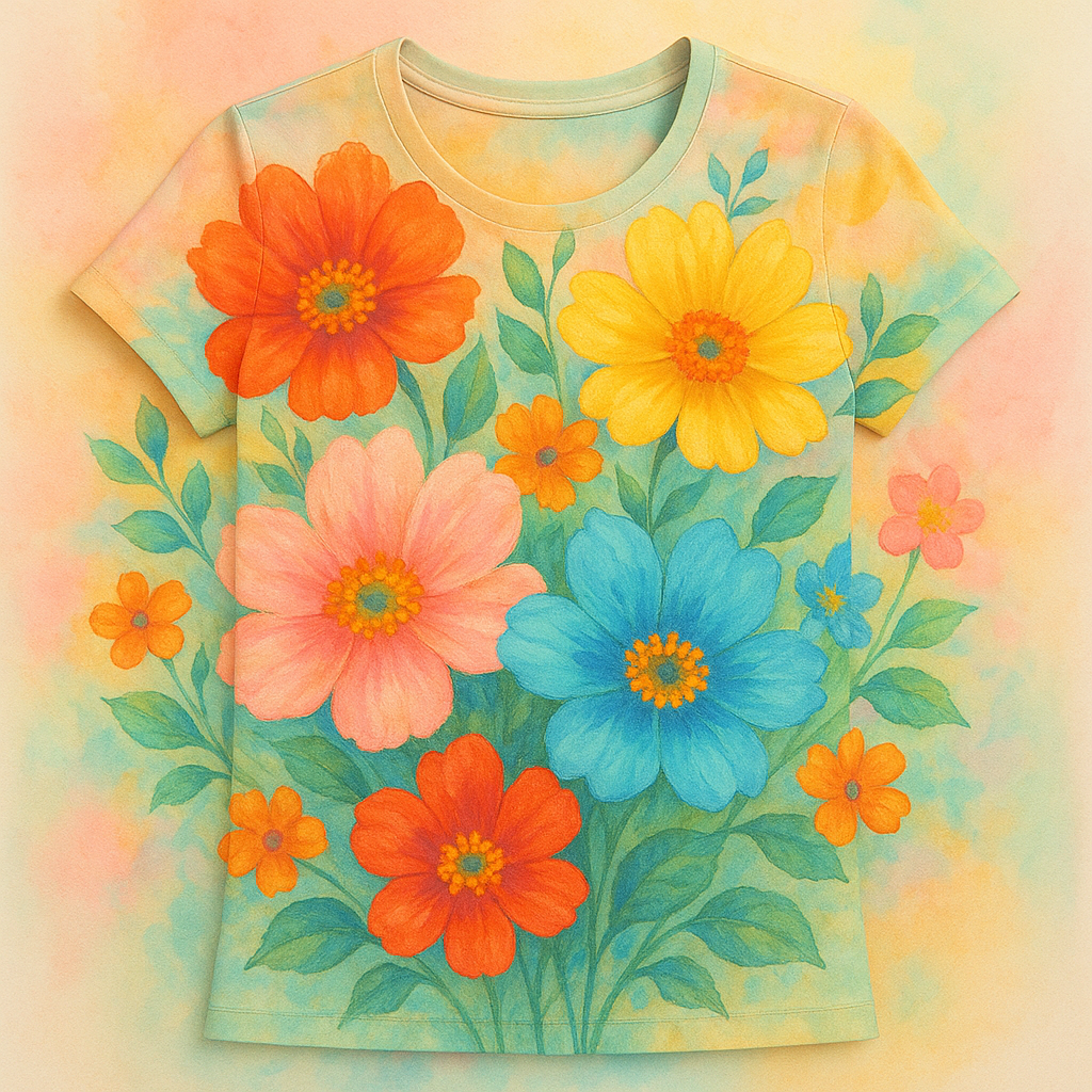 Radiant Blossom floral design on women's tee shirt.
