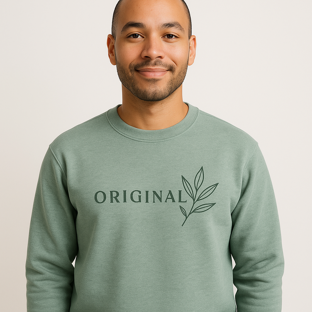 Model wearing the Simple Original Crewneck in heather sage with leaf motif