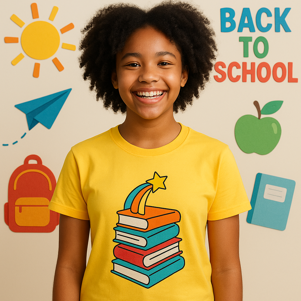 Teen model wearing the Class Act Backpack Tee in sunny yellow