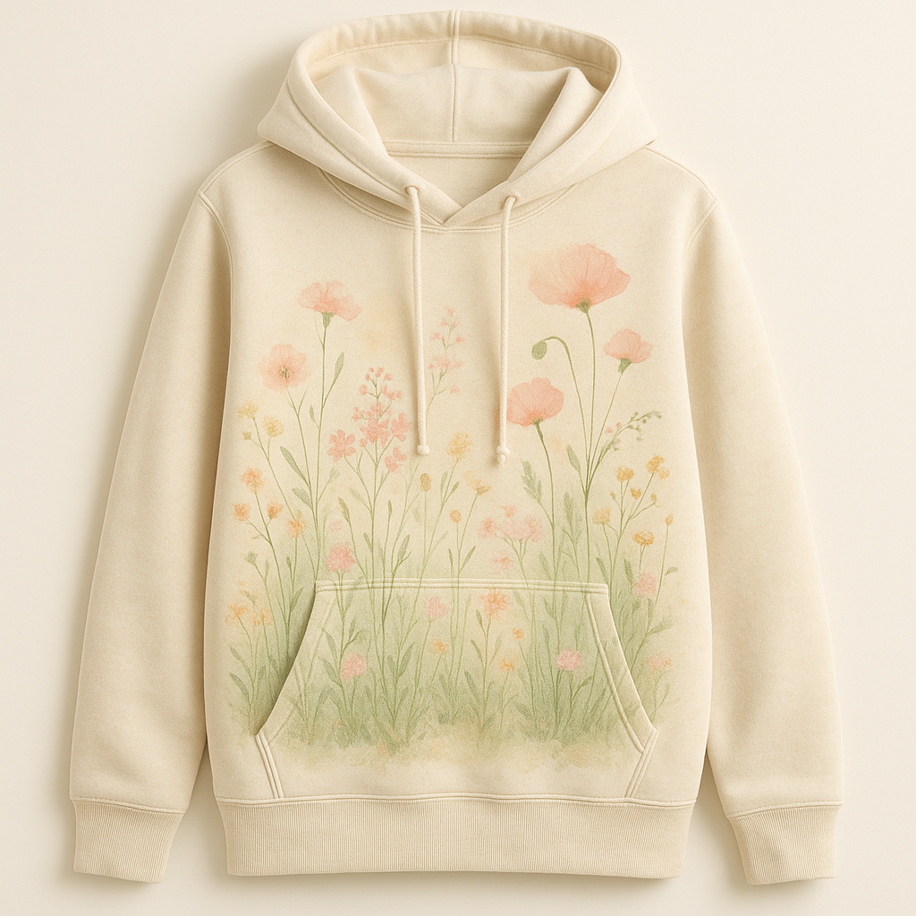 Serene Meadow Hoodie with floral meadow design in soft pastel colors