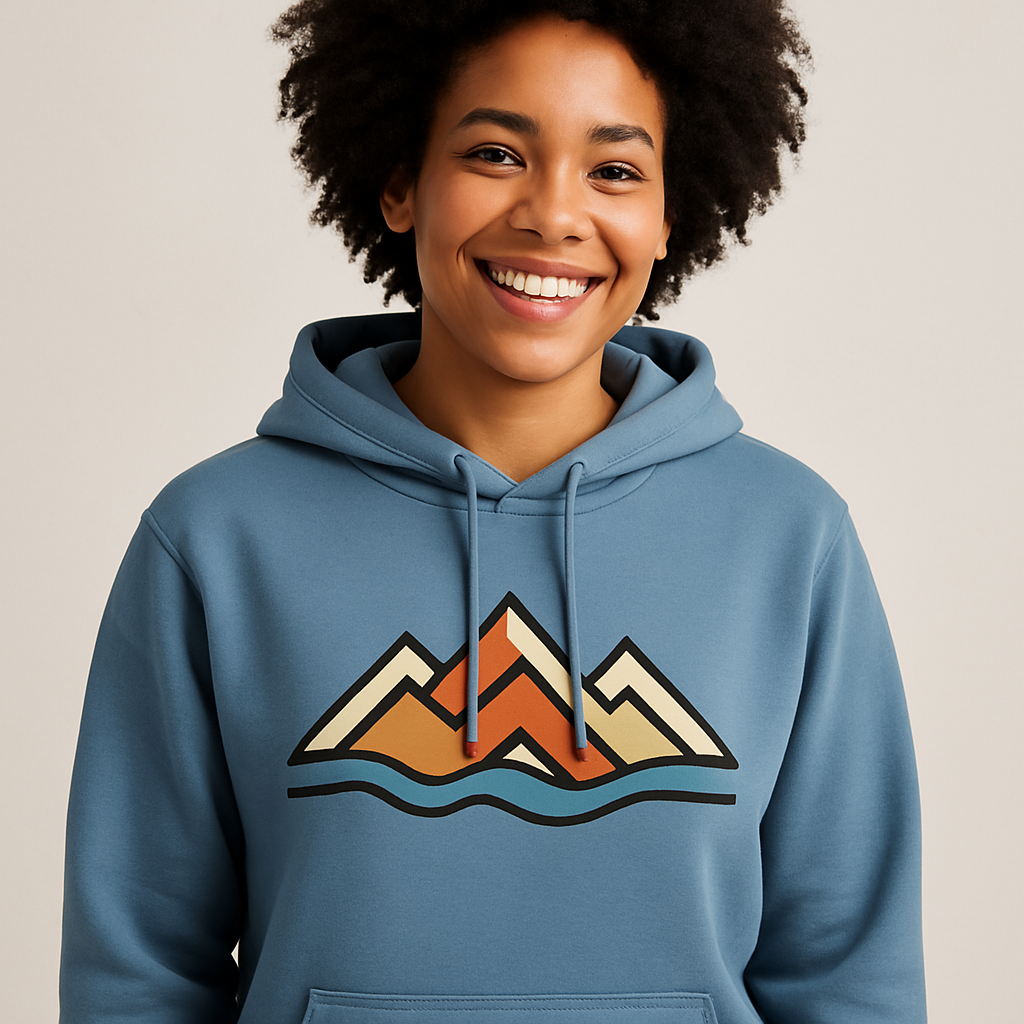 Model wearing the Weekend Original Hoodie in dusty blue with mountain-line graphic