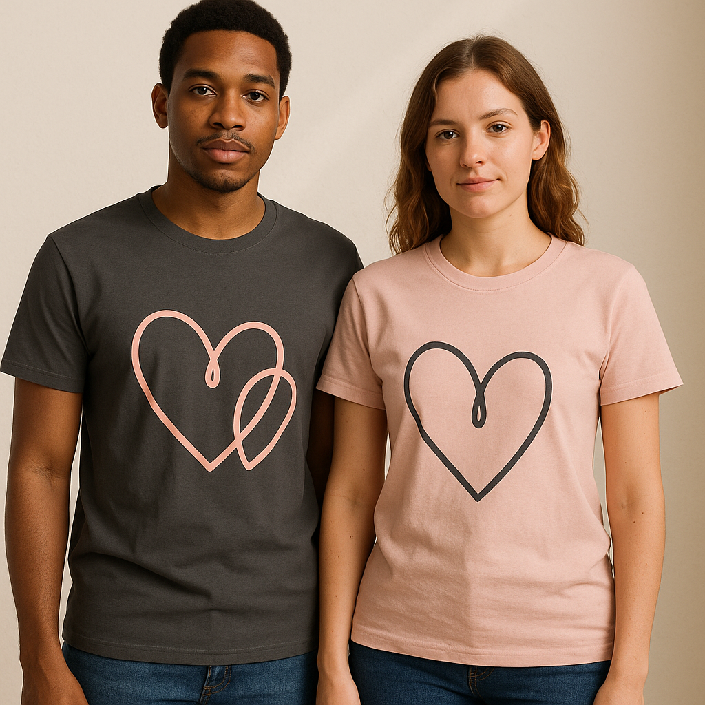 Matching Hearts His & Her Tee Set with an original linked-hearts design in charcoal and blush