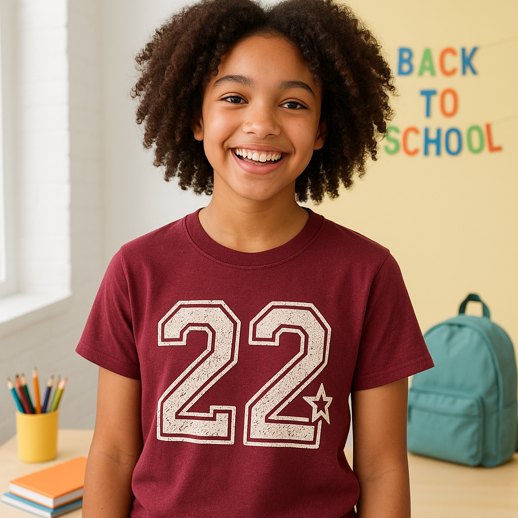 Teen model wearing the Back to Class Varsity Tee in maroon