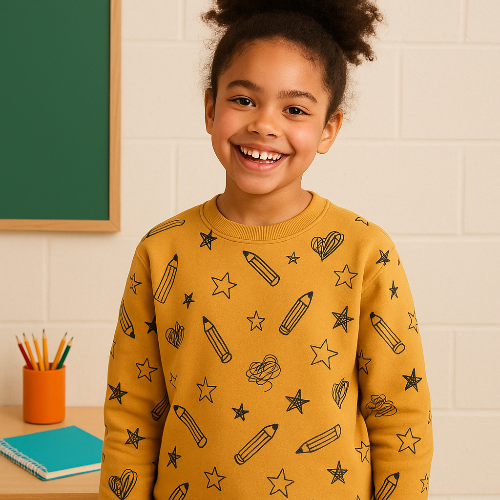 Youth model wearing the Notebook Doodles Crewneck in golden mustard