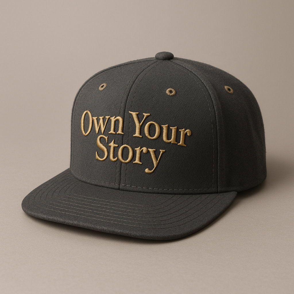 Charcoal and gold structured snapback cap with embroidered-style "Own Your Story." wordmark, original Wear Original Designs artwork.