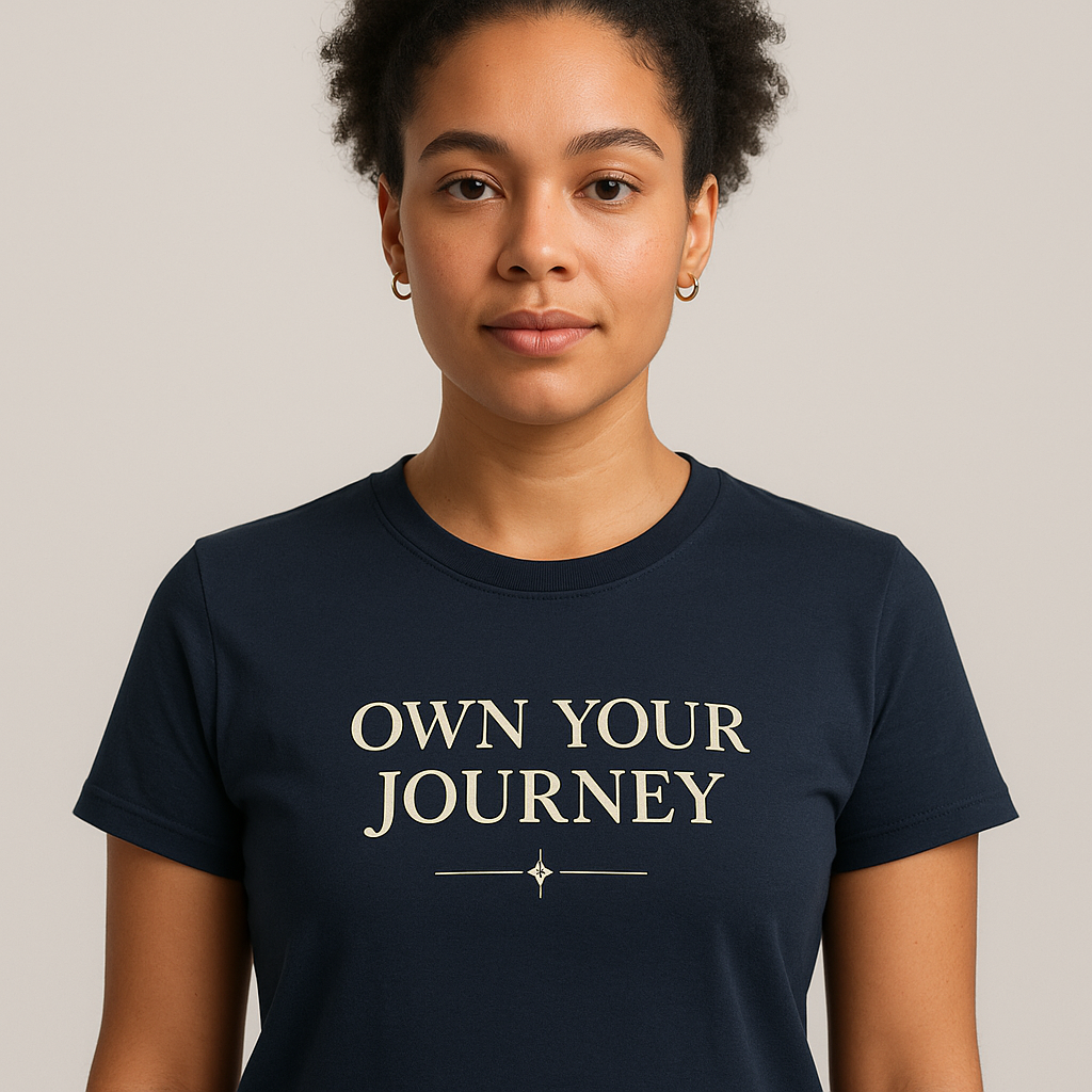 Diverse model wearing the Own Your Journey Quote Tee in midnight navy