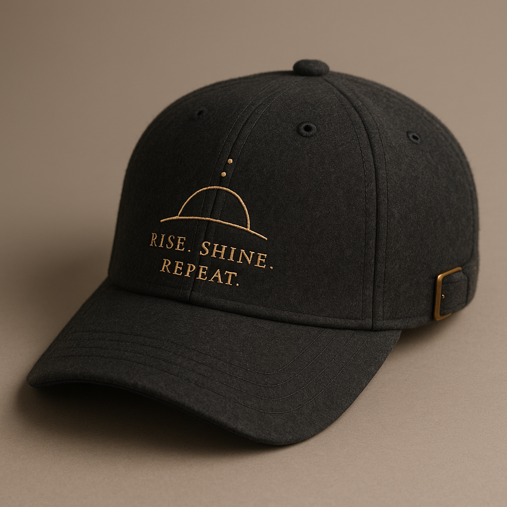 Refined Horizon Cap — charcoal fashion cap with gold embroidered sunrise line-art and the original quote Rise. Shine. Repeat.