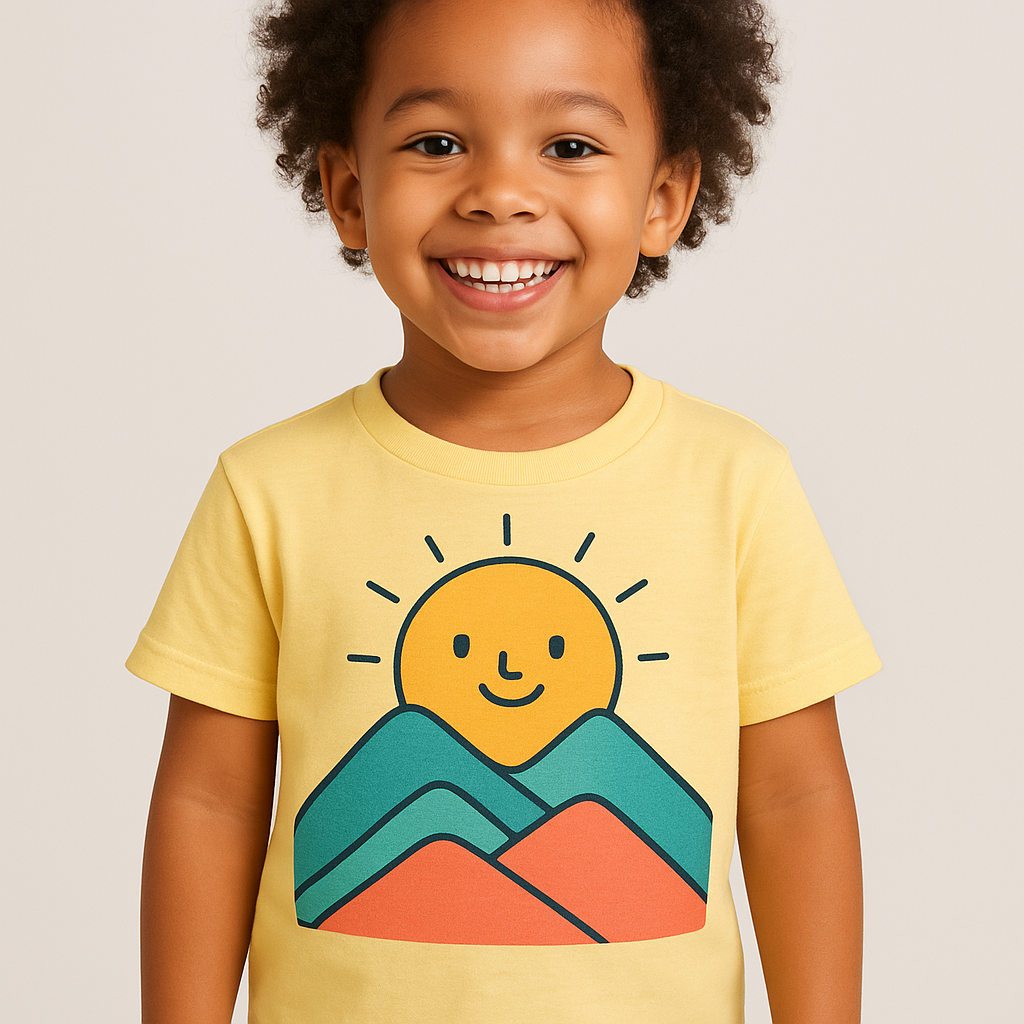 Sunny Adventure Tee featuring an original sun-and-mountain illustration in yellow, teal and coral