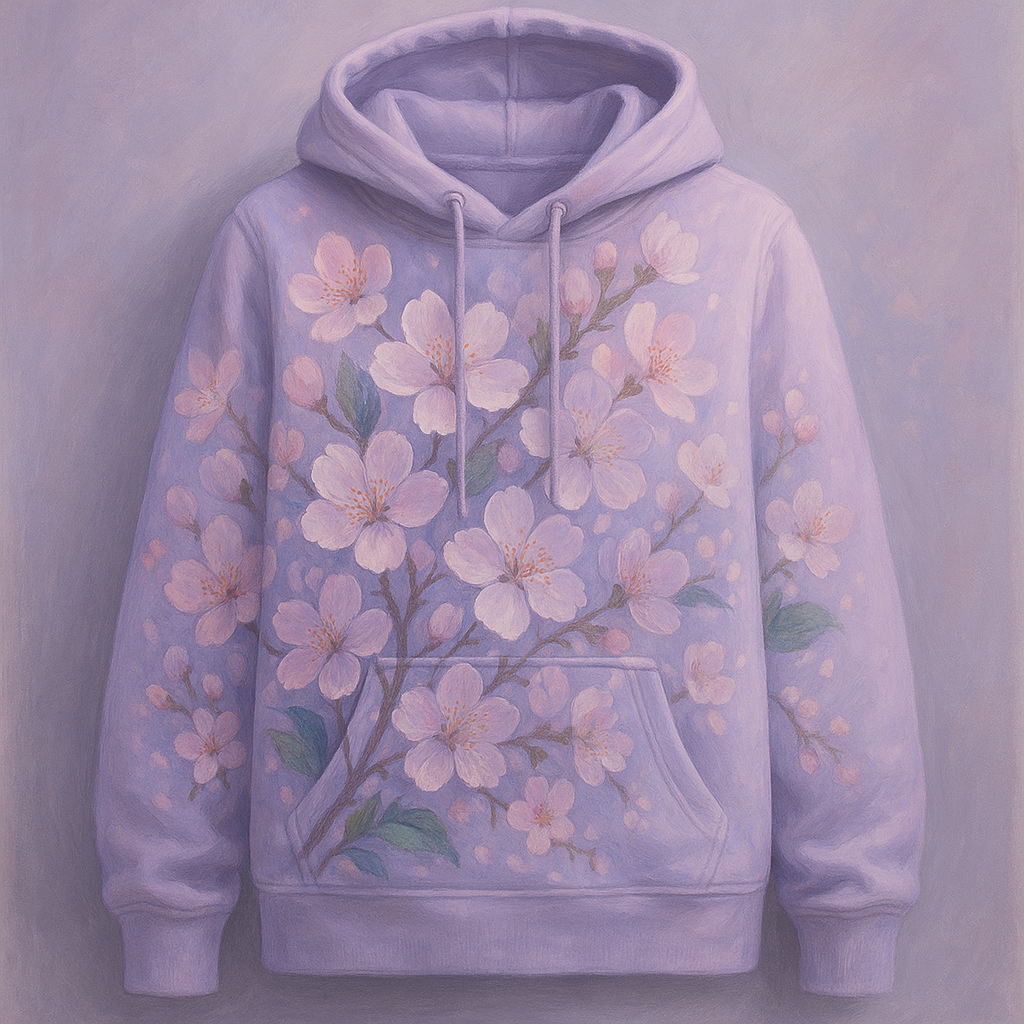 Mystic Blossom Hoodie in soft lilac with floral designs