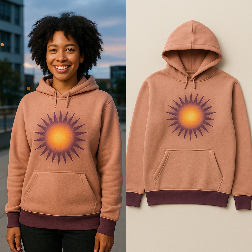 Woman wearing Free Radiance Hoodie with original sunburst artwork