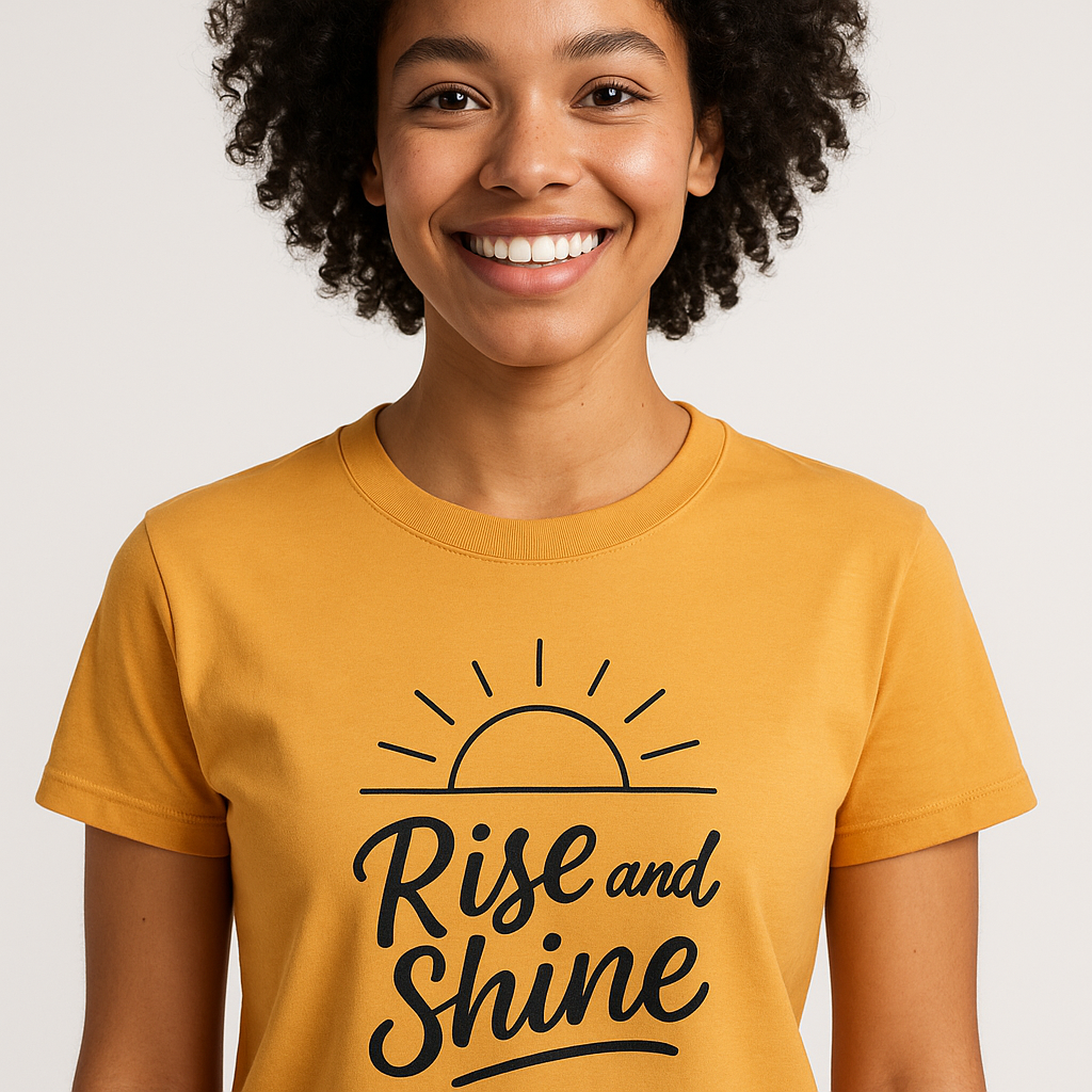 Diverse model wearing the Rise and Shine Quote Tee in sunset gold with sunrise graphic
