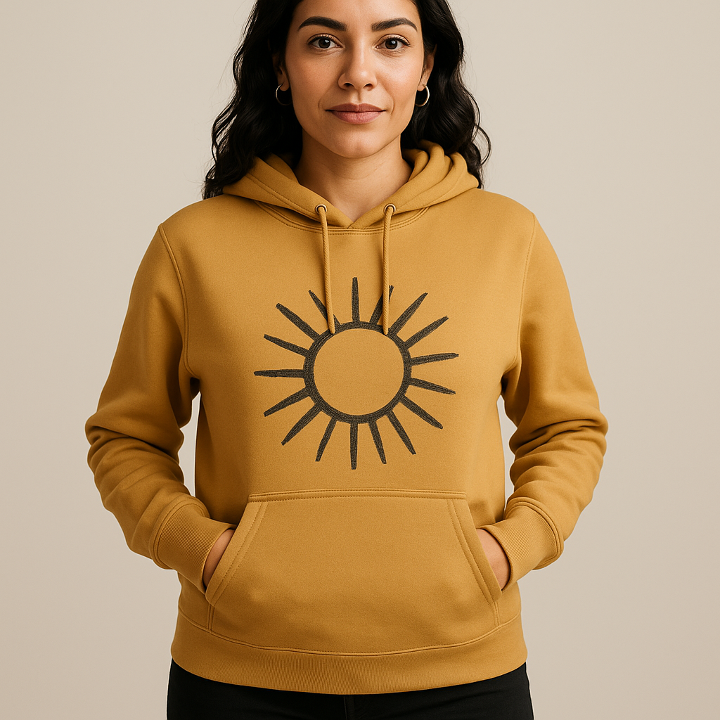 Woman wearing the Solstice Wrap Hoodie in mustard gold with charcoal sunburst graphic, full head and body visible