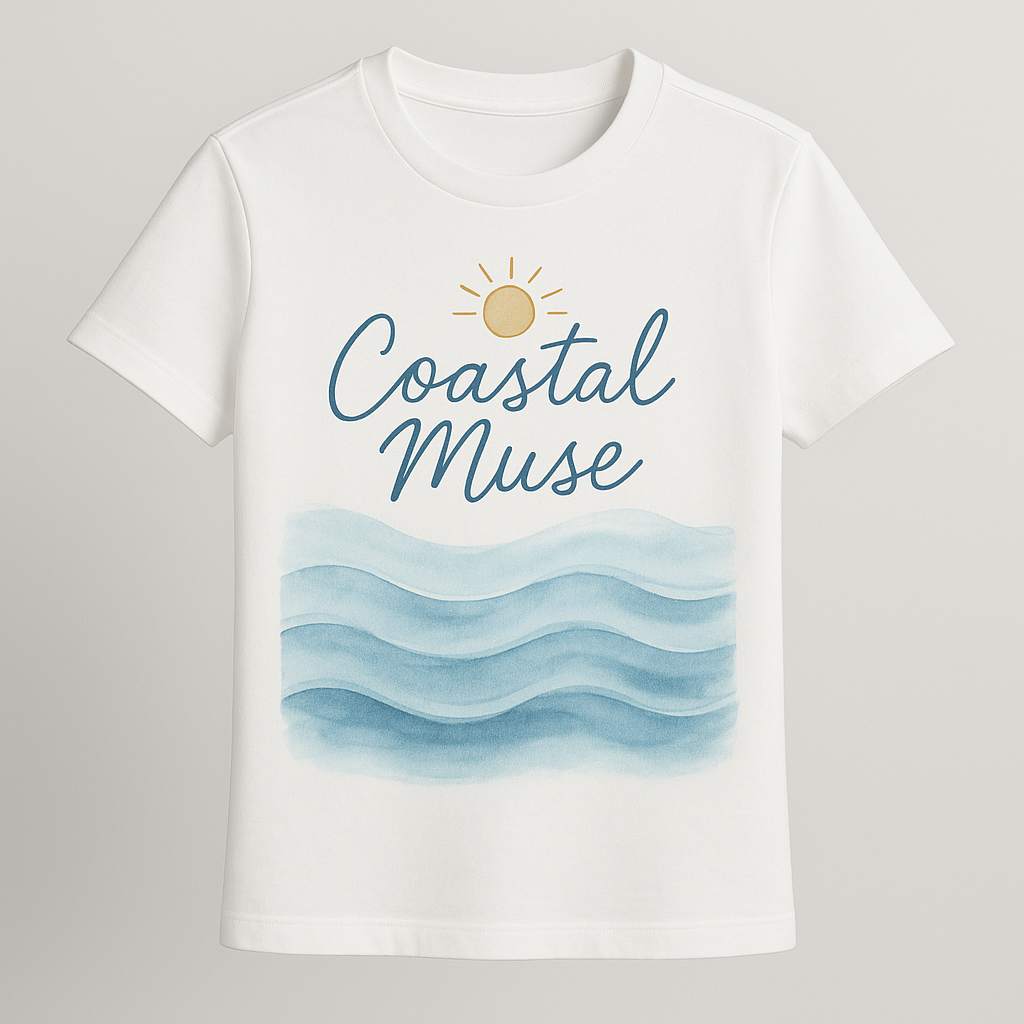 Coastal Muse Tee print design on white t-shirt mockup