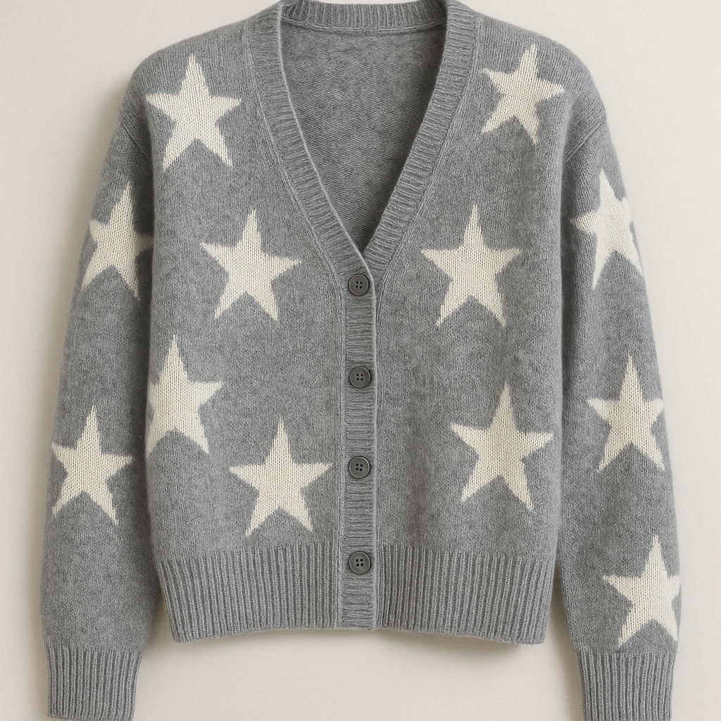 Celestial Harmony Cardigan in Starlight Gray with star patterns